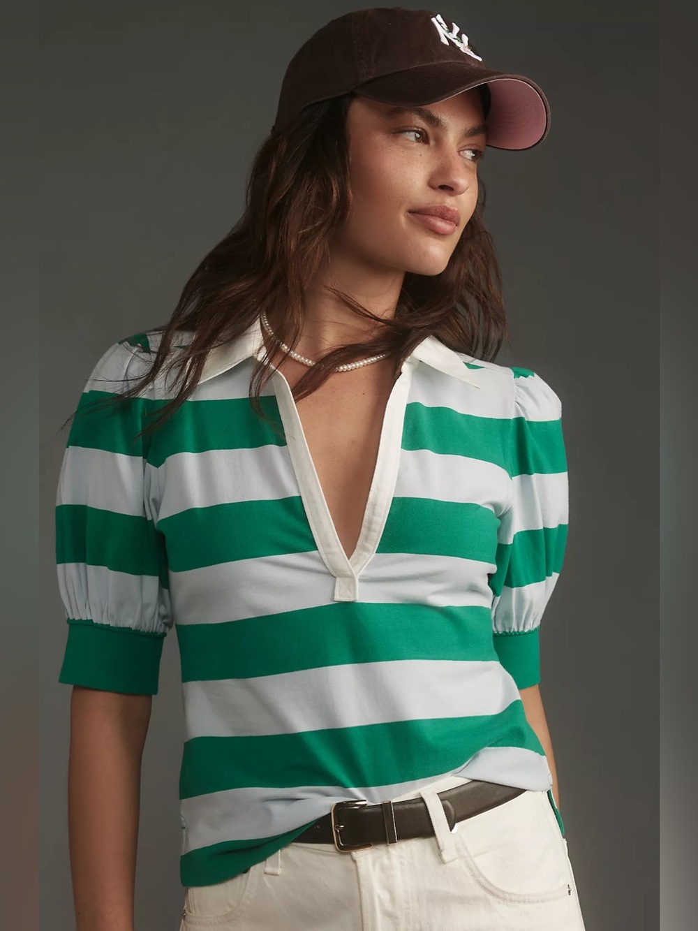 Anthropologie Maeve Puff-Sleeve Polo Top Green Stripe M